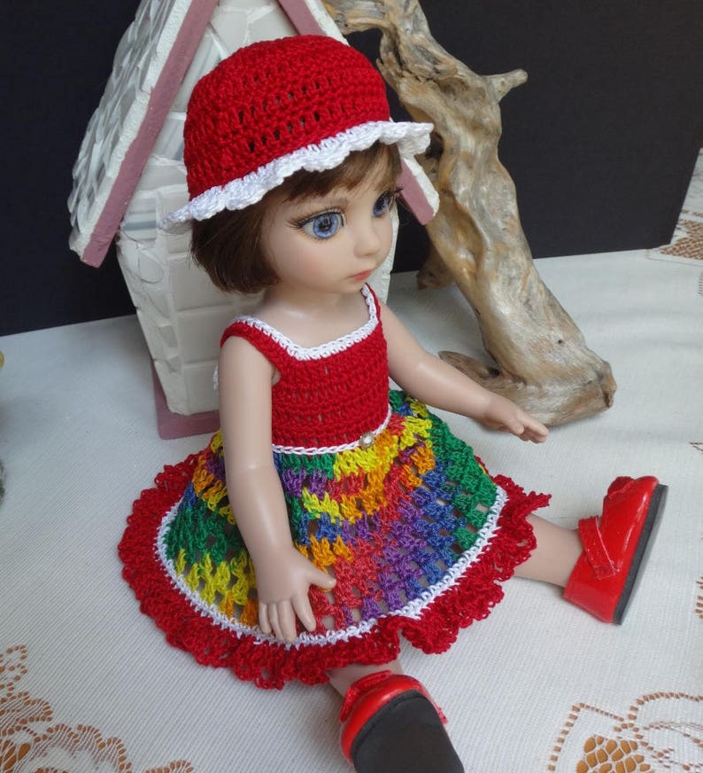 Crochet clothes 10 inch Tonner Ann Estelle Patsy Sophie Doll Sun Dress Hat Red White Yellow Blue Purple Green image 2