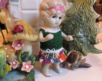 crochet 1 piece Dress for 4 inch BFC Headband Bisque Frozen Charlotte doll Drop Waist
