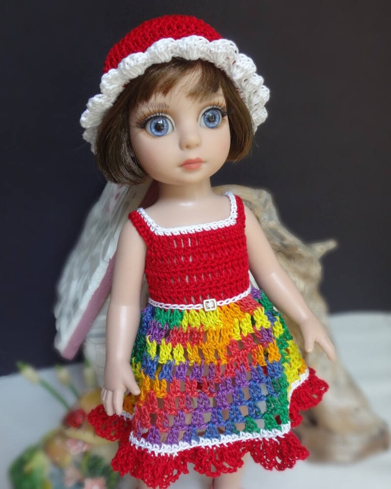 Crochet clothes 10 inch Tonner Ann Estelle Patsy Sophie Doll Sun Dress Hat Red White Yellow Blue Purple Green image 5