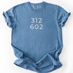 Puede incluir: Una camiseta azul con los números blancos "312" y "602" impresos. La camiseta tiene cuello redondo y mangas cortas. La tela parece suave y ligeramente arrugada.
