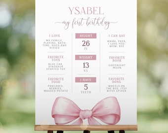 Panneau rose pour 1er anniversaire, décoration de fête noeud rose, modèle modifiable, coquette noeud rose favoris pour premier anniversaire sur panneau KB16