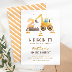May include: A birthday invitation with a construction theme. The design features a yellow excavator, orange traffic cones, and the text "& DIGGIN' IT!" and "SECOND BIRTHDAY". The invitation includes the name "Matthew", date, time, and address.