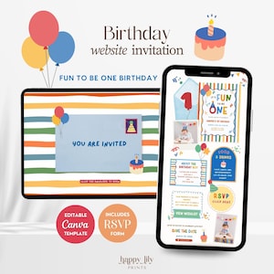 May include: A digital birthday website invitation template displayed on a tablet and smartphone. The design features colorful stripes, balloons, and a cake. Text includes "Birthday website invitation," "FUN TO BE ONE BIRTHDAY," "YOU ARE INVITED," and "CLICK THE ENVELOPE TO OPEN."