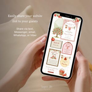 May include: A smartphone screen displaying a digital baby shower invitation suite with an apple theme. The design features red apples, green leaves, and gingham patterns. Text includes "the apple of our eye," "BABY SHOWER," "RSVP," "DIAPER RAFFLE," and "BOOKS FOR BABY."