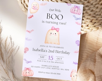 Our Little Boo is Turning Two Invitation, Halloween Birthday Invitation, Purple 2nd Birthday Girl Invitation,Editable Cute Ghost Invite KB40
