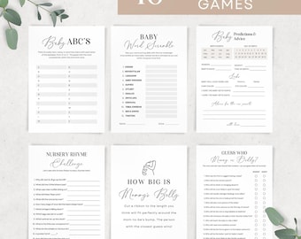 May include: A set of printable baby shower game cards with black text on a white background. The games include Baby ABC's, Baby Word Scramble, Baby Predictions & Advice, Nursery Rhyme Challenge, How Big is Mommy's Belly, and Guess Who Mommy or Baby?