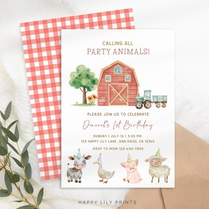 Farm Theme Birthday Invitation, Editable Boy Party Animals 1st Birthday Farm Invite, Barnyard Birthday, Farm Red Birthday, Tractor Party