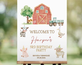 Letrero de bienvenida para cumpleaños de animales de granja, cumpleaños con tres I E I O, cumpleaños editable en el corral, cumpleaños rojo de la granja, pancarta de bienvenida para fiesta de tractores KB33