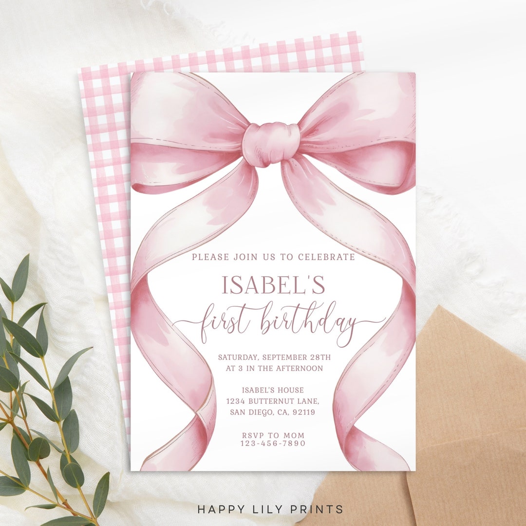 Editable Pink Bow Birthday Invitation, 1st Birthday, First Birthday