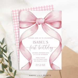 Editable Pink Bow Birthday Invitation, 1st Birthday, First Birthday Invite, Pink Bow Invitation Template, Girls Just Wanna Be ONE KB16