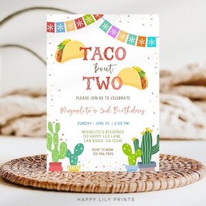 May include: A colorful invitation for a second birthday party with a taco theme. The invitation features two cartoon tacos, a cactus design, and the text "Taco 'bout Two". The invitation also includes the date, time, and location of the party.