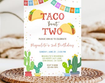 May include: A colorful invitation for a second birthday party with a taco theme. The invitation features two cartoon tacos, a cactus design, and the text "Taco 'bout Two". The invitation also includes the date, time, and location of the party.