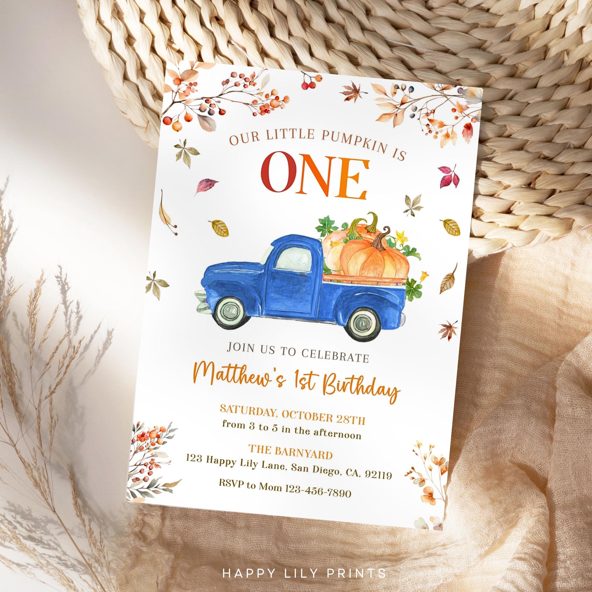 Little Blue Truck Birthday Invitation One, Editable Our Little Pumpkin ...
