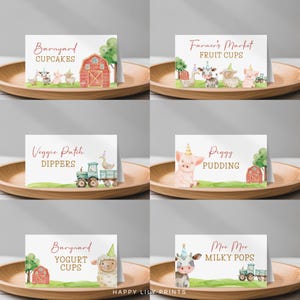 Tentes de nourriture d'anniversaire sur le thème de la ferme, étiquettes d'aliments modifiables pour les animaux de la ferme, étiquette d'aliments d'anniversaire de basse-cour, étiquette d'anniversaire rouge de la ferme, fête du tracteur KB33