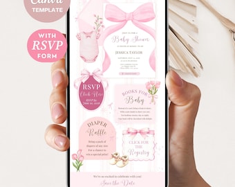 May include: A digital baby shower invitation template displayed on a smartphone screen, featuring a soft pink color palette, watercolor illustrations of baby clothes, bows, and tulips, with text including RSVP, Books for Baby, and Diaper Raffle.