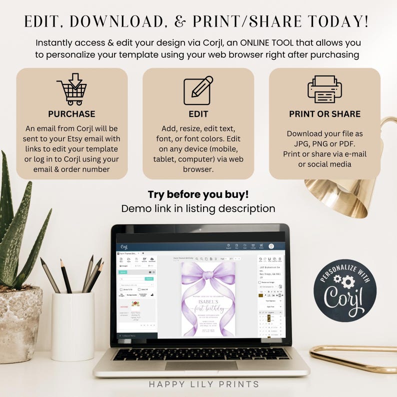May include: A laptop displays a customizable invitation template with a purple bow design. The image includes text: "EDIT. DOWNLOAD. & PRINT/SHARE TODAY!" and "PERSONALIZE WITH Corjl". The image also shows instructions for purchase, edit, and print.