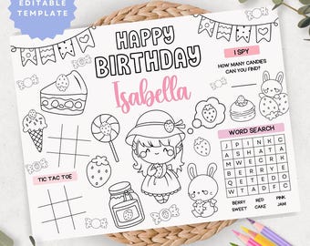 Berry First Birthday Coloring Page, Editable Strawberry Placemat Birthday Party Favor, Kids Party Activity, Birthday Party Placemat PM1