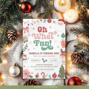 One Year Old Christmas Birthday Invites, Oh What Fun Christmas 1st Birthday Invite Template, First Birthday Invitation Christmas Theme KB55