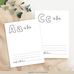 May include: Two printable alphabet cards with black outlines. The first card features the letter "A" and the text "Aa is for". The second card features the letter "C" and the text "Cc is for". Both cards have lines for writing.