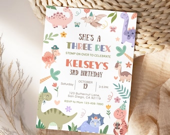 Pastel Dinosaur Birthday Invitation Girl Three Rex, Dinosaur Birthday, Pastel Dinosaur, Three Rex Invitation, Dinosaur Girl Invite KB18