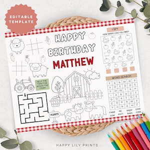 K&ouml;nnte beinhalten: Ein Geburtstag-Aktivit&auml;tsblatt zum Thema Bauernhof mit dem Text "Happy Birthday Matthew". Enth&auml;lt ein Tic-Tac-Toe-Raster, ein Labyrinth, ein Suchspiel und eine Wortsuche. Das Blatt zeigt Nutztiere und einen rot-wei&szlig; karierten Rand.