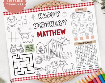 Mantel individual para colorear de animales de granja para cumpleaños, recuerdo de fiesta de la granja, página para colorear de la granja, mantel individual de cumpleaños, animales de granja para colorear, tapete de actividades de la granja PM3