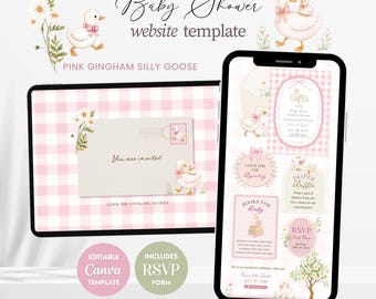 Silly Goose Baby Shower Website Invitation Template, Pink Gingham Goose Canva Website with RSVP, Girl Baby Shower Digital Invite BSW13