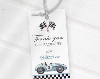 Bedankkaartje raceauto, bewerkbare blauwe tag tag partijgunsten, vintage raceauto cadeaukaartjes, decor raceauto feest, tag verjaardag gunst KB12