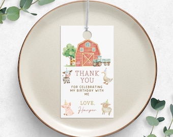 Farm Animals Thank You Tag, Three I E I O Birthday, Editable Barnyard Birthday Party Favor Tags, Farm Red Birthday Party, Tractor Party KB33