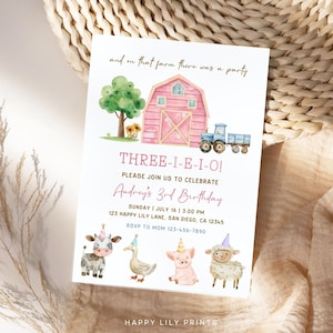 Three I E I O Birthday Invitation, Editable Girl 3rd Birthday Farm Invite, Barnyard Birthday, Farm Pink Birthday Party, Tractor Party KB33