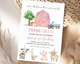 Three I E I O Birthday Invitation, Editable Girl 3rd Birthday Farm Invite, Barnyard Birthday, Farm Pink Birthday Party, Tractor Party KB33
