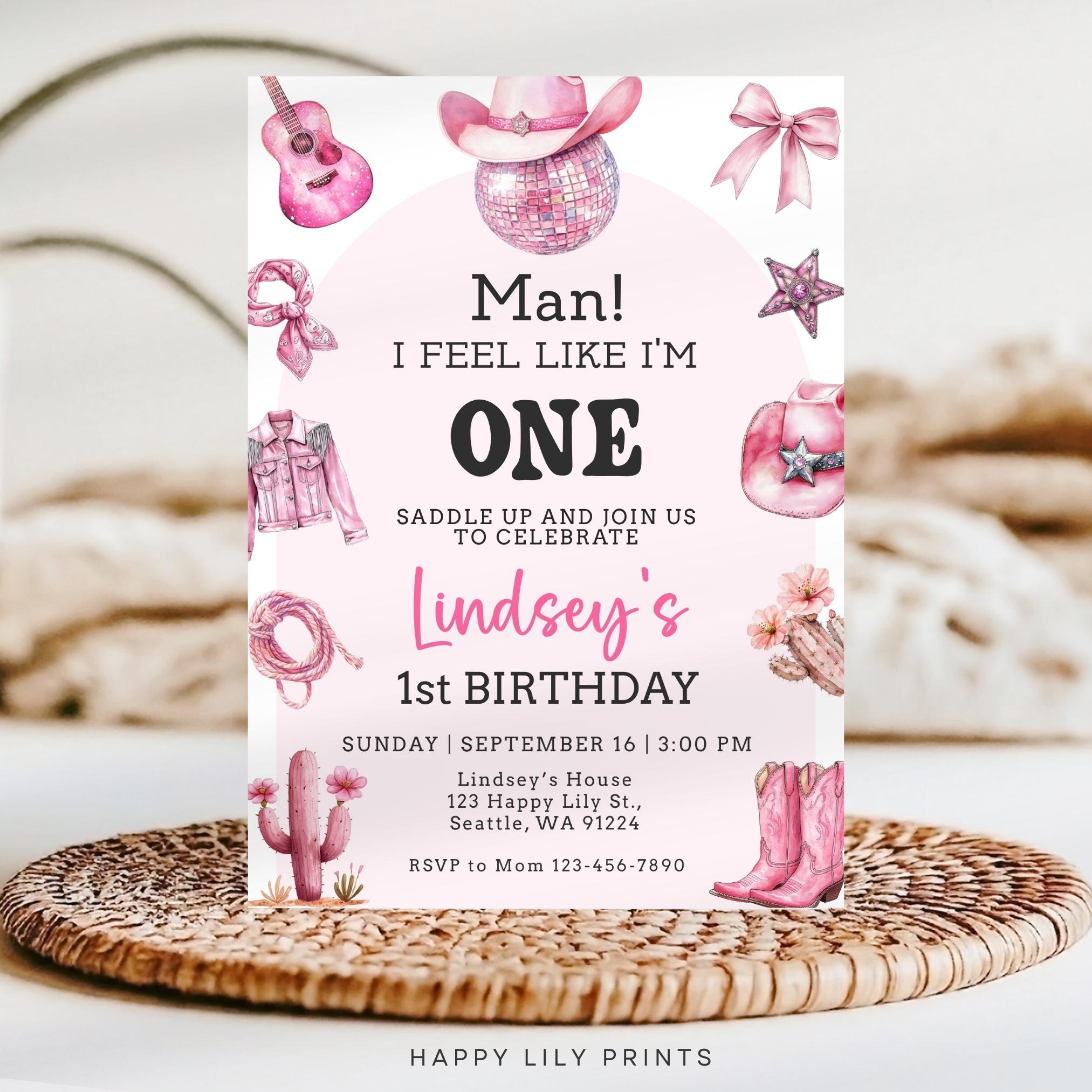 Man I Feel Like I'm One Birthday Invite, Disco Cowgirl Invite, 1st