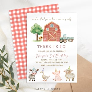 Three I E I O Birthday Invitation, Editable Boy 3rd Birthday Farm Invite, Barnyard Birthday, Farm Red Birthday Party, Tractor Party KB33