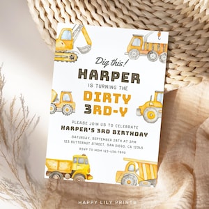 Dirty 3rdy Birthday Invitation Digital, Construction Birthday Invite, Excavator Digger Dump Truck 3rd Birthday Invitation Template KB25