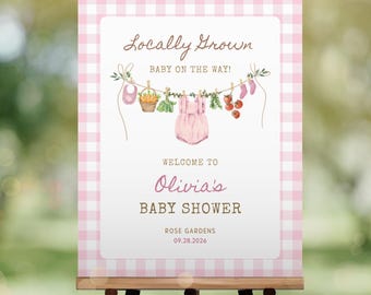 Locally Grown Girl Baby Shower Welcome Sign, Editable Template Pink Decor, Printable Template for Farmer's Market Theme Party BS03