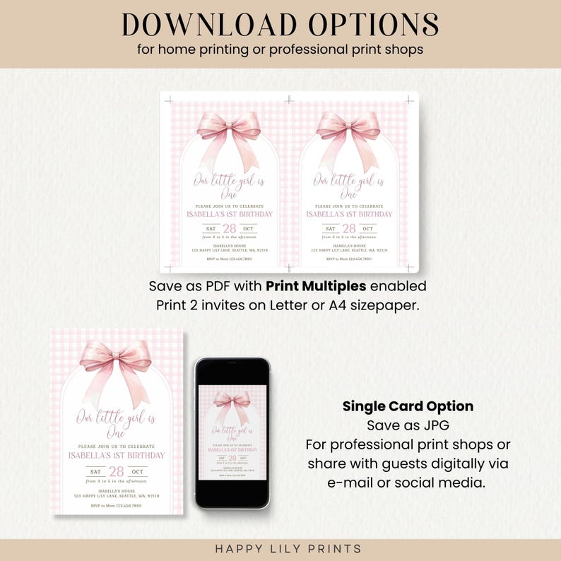 May include: Printable invitation for a first birthday party. The invitation features a pink and white gingham pattern with a pink bow and the text "Our little girl is one". The invitation also includes the text "Isabella's 1st Birthday" and the date "Sat 28 Oct".