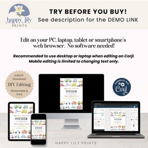 May include: An advertisement for DIY editable birthday invitations. The image shows a computer, tablet, phone, and laptop displaying the invitation design. The invitation features colorful illustrations of various vehicles and the text "MATTHEW TURNING 21".