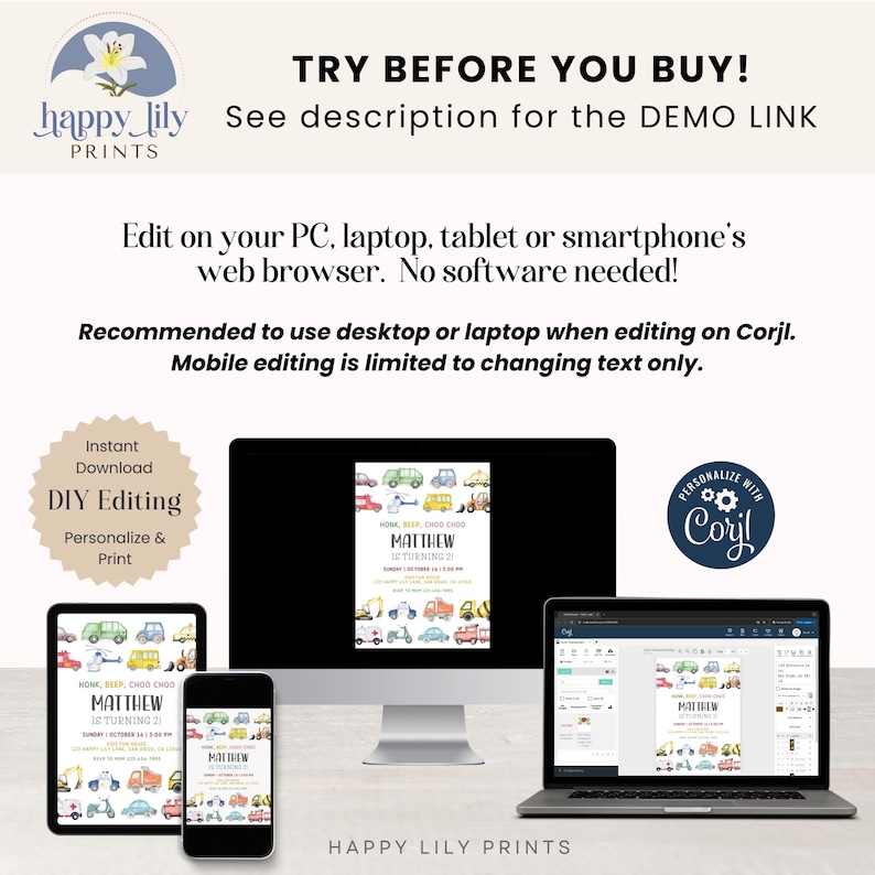 May include: An advertisement for DIY editable birthday invitations. The image shows a computer, tablet, phone, and laptop displaying the invitation design. The invitation features colorful illustrations of various vehicles and the text "MATTHEW TURNING 21".
