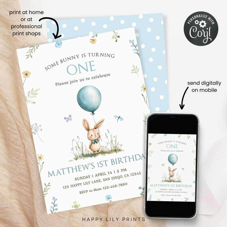 May include: A blue and white printable invitation for a first birthday party. The invitation features a cartoon bunny holding a blue balloon and the text "Some bunny is turning one".