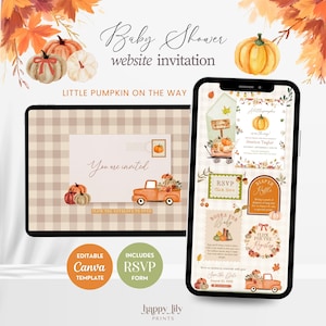 Puede incluir: Una plantilla de invitación digital para baby shower con ilustraciones de calabazas en acuarela, un fondo de cuadros y texto que incluye "Baby Shower website invitation," "LITTLE PUMPKIN ON THE WAY," "You are invited," "RSVP," "DIAPER RAFFLE," y "BOOKS FOR Baby."