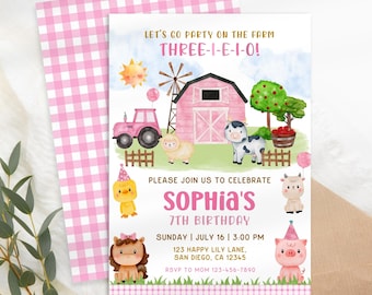 Three I-E-I-O Birthday Invitation, Editable Girl 3rd Birthday Farm Invite, Barnyard Birthday, Farm Pink Birthday Party,Instant Download KB31