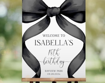 Black Bow Welcome Sign, Editable Black Bow Birthday Welcome Sign, Minimalist Black Watercolor Ribbon Welcome Sign Coquette Black Bow KB16