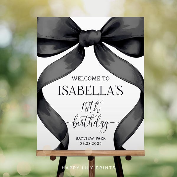 Black Bow Welcome Sign, Editable Black Bow Birthday Welcome Sign, Minimalist Black Watercolor Ribbon Welcome Sign Coquette Black Bow KB16