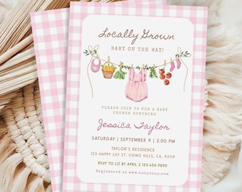 Lokal gewachsene Babyparty-Einladung Rosa, bearbeitbare Babyparty-Einladung, Lokal gewachsene Dusche einladen, Bauernmarkt-Baby, Rosa Babyparty