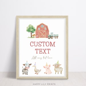 Puede incluir: Una impresión enmarcada con una ilustración en acuarela de un granero rojo, un tractor verde y animales de granja. El texto "CUSTOM TEXT" y "Add any text here" se muestran en rojo. La impresión incluye una vaca, un ganso, un cerdo y una oveja con sombreros de fiesta.