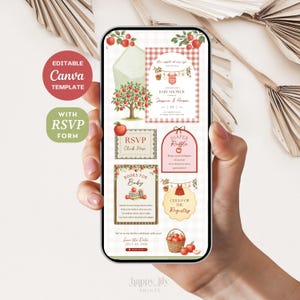 May include: A smartphone screen displaying an editable digital baby shower invitation template with an apple theme. The design features red apples, a tree, and text including "the apple of our eye," "Baby Shower," "RSVP," "Diaper Raffle," and "Books for Baby."