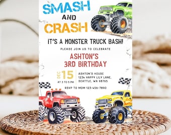 Zaproszenie na urodziny Monster Truck, zaproszenie Monster Truck, edytowalna impreza Monster Truck, każdy wiek, dwa szybkie zaproszenia, Monster Truck Bash KB62