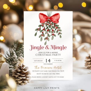 Jingle and Mingle Greenery Invito alla festa di Natale, Modello di invito di Natale modificabile, Invito alla festa di Natale stampabile CP04