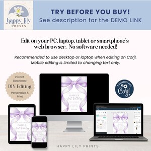 May include: A digital invitation design for a first birthday, displayed on a computer monitor, tablet, smartphone, and laptop. The invitation features a light purple bow and the text "ISABEL'S first birthday". The image also includes the text "TRY BEFORE YOU BUY!" and "DIY Editing".