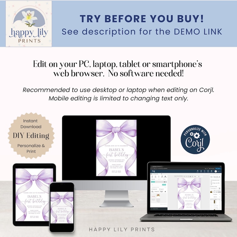 May include: A digital invitation design for a first birthday, displayed on a computer monitor, tablet, smartphone, and laptop. The invitation features a light purple bow and the text "ISABEL'S first birthday". The image also includes the text "TRY BEFORE YOU BUY!" and "DIY Editing".